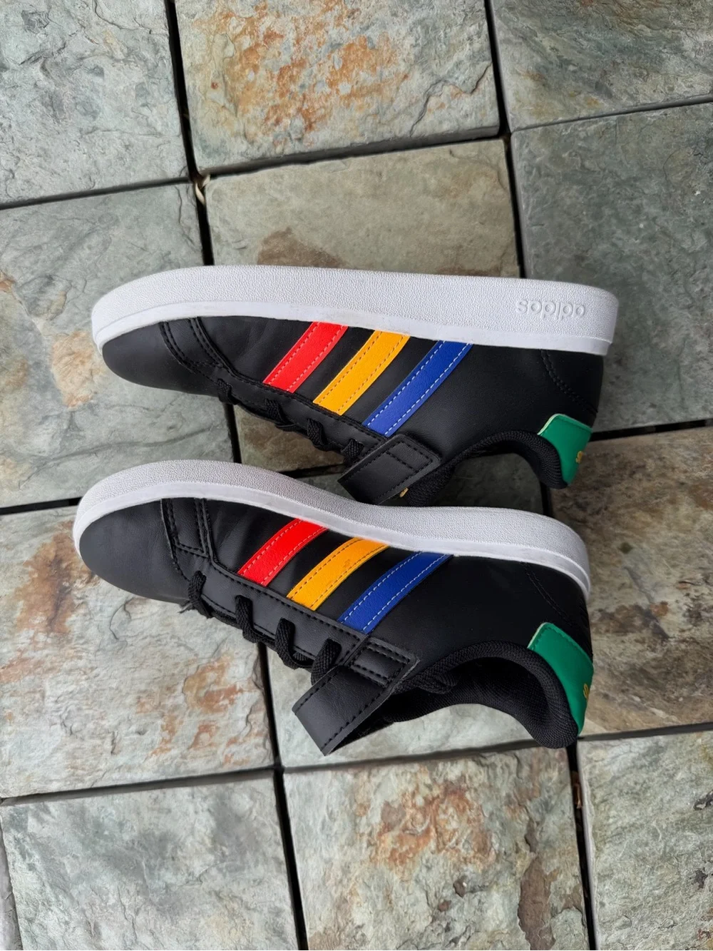 adidas Kids Black Sneakers with Red, Yellow and Blue Stripes